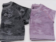 Static Sportswear Hot Camo Runner Yoga Long-sleeve Crop Top. Grey and Purple